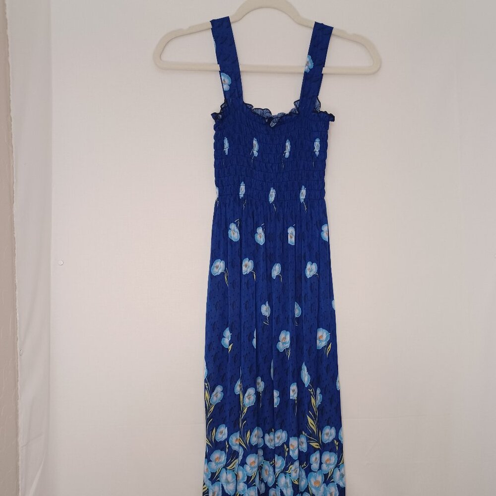 Women's Lightweight Flowy‎ Stretchy Comfy Blue Floral Spring Midi Dress Size Med